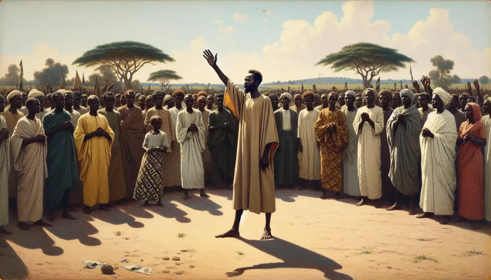 Hombre celebrando con el brazo en alto rodeado de personas con ropa tradicional africana y atuendos sencillos en un paisaje natural soleado.