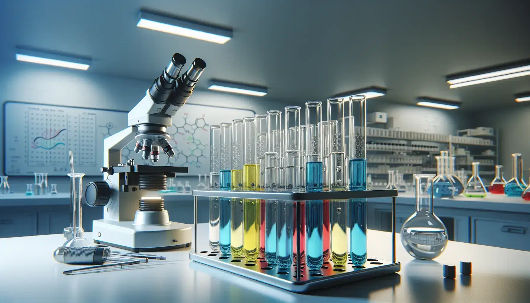 Laboratorio científico con tubos de ensayo de colores en soporte metálico y microscopio plateado, estantes con material de laboratorio y pizarra blanca al fondo.