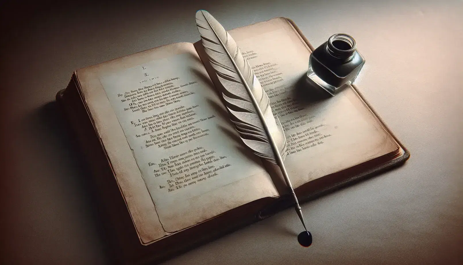 Vintage open book with yellowed pages and structured poem stanzas, white quill with ink drop above, and glass inkwell on a wooden table.