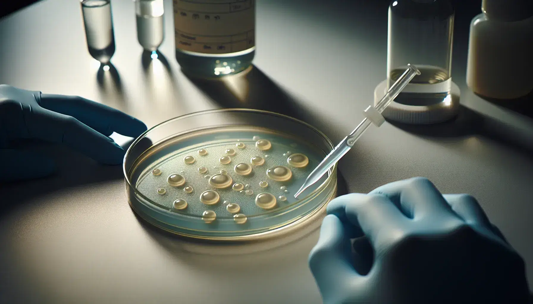 Close-up view of Agrobacterium colonies in a petri dish on a lab bench, with out-of-focus hands pipetting liquid into another dish.