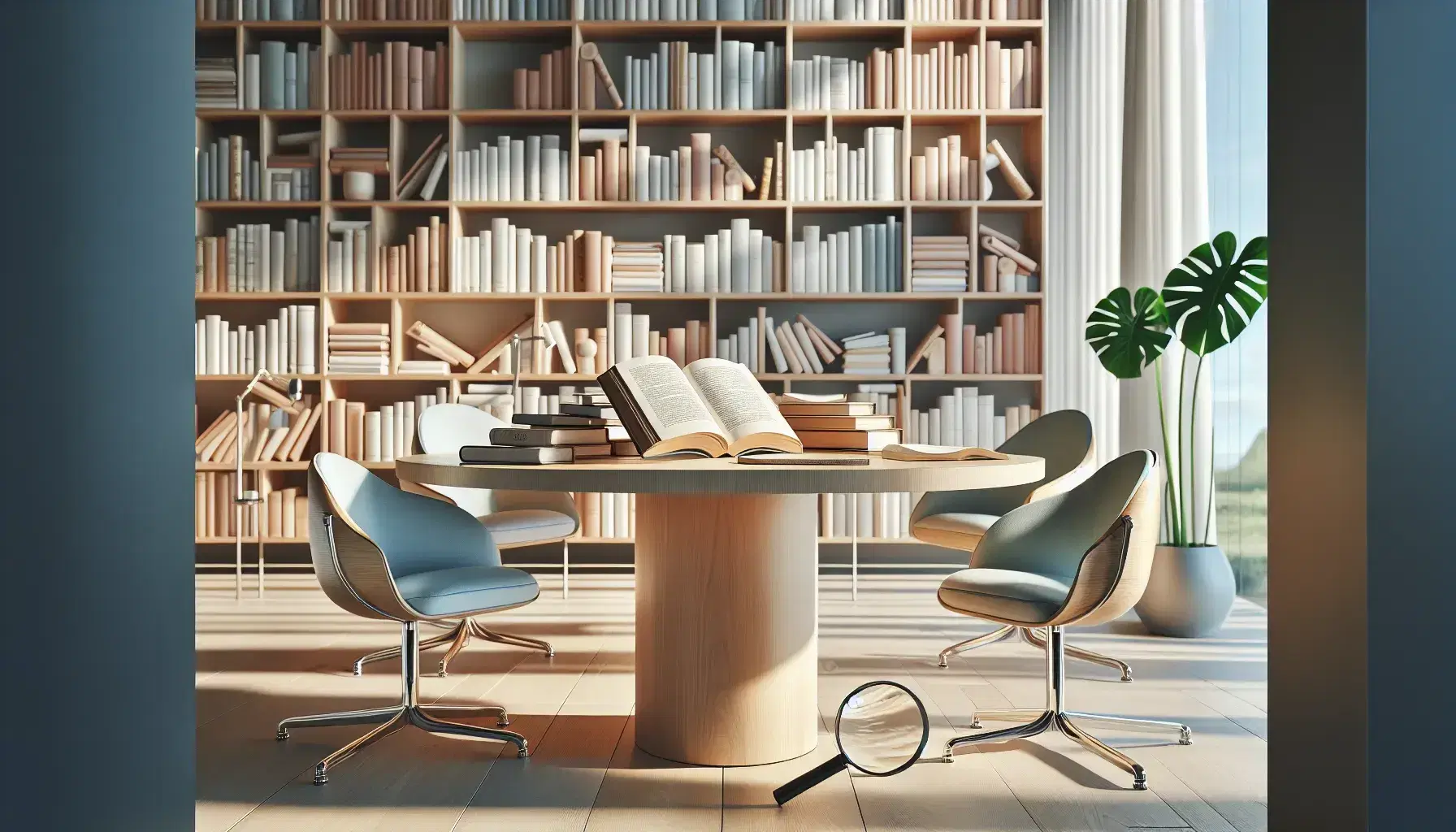 Biblioteca moderna y luminosa con estanterías de madera y libros variados, mesa central con libros abiertos, sillas ergonómicas azules y planta verde.