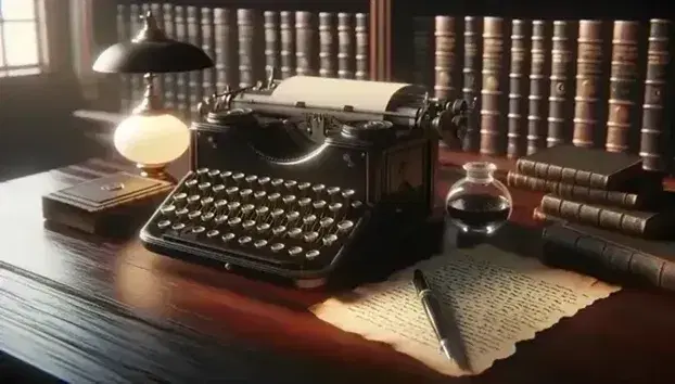 Scrivania antica in legno scuro con macchina da scrivere vintage nera, calamaio d'argento, penna e carta parzialmente scritta, sfondo di libreria sfocata.