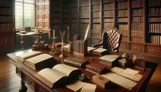 18th-century study room with a wooden desk, open books, brass quill pen, inkwell, high-backed chair, bookshelves, globe, and brass telescope.