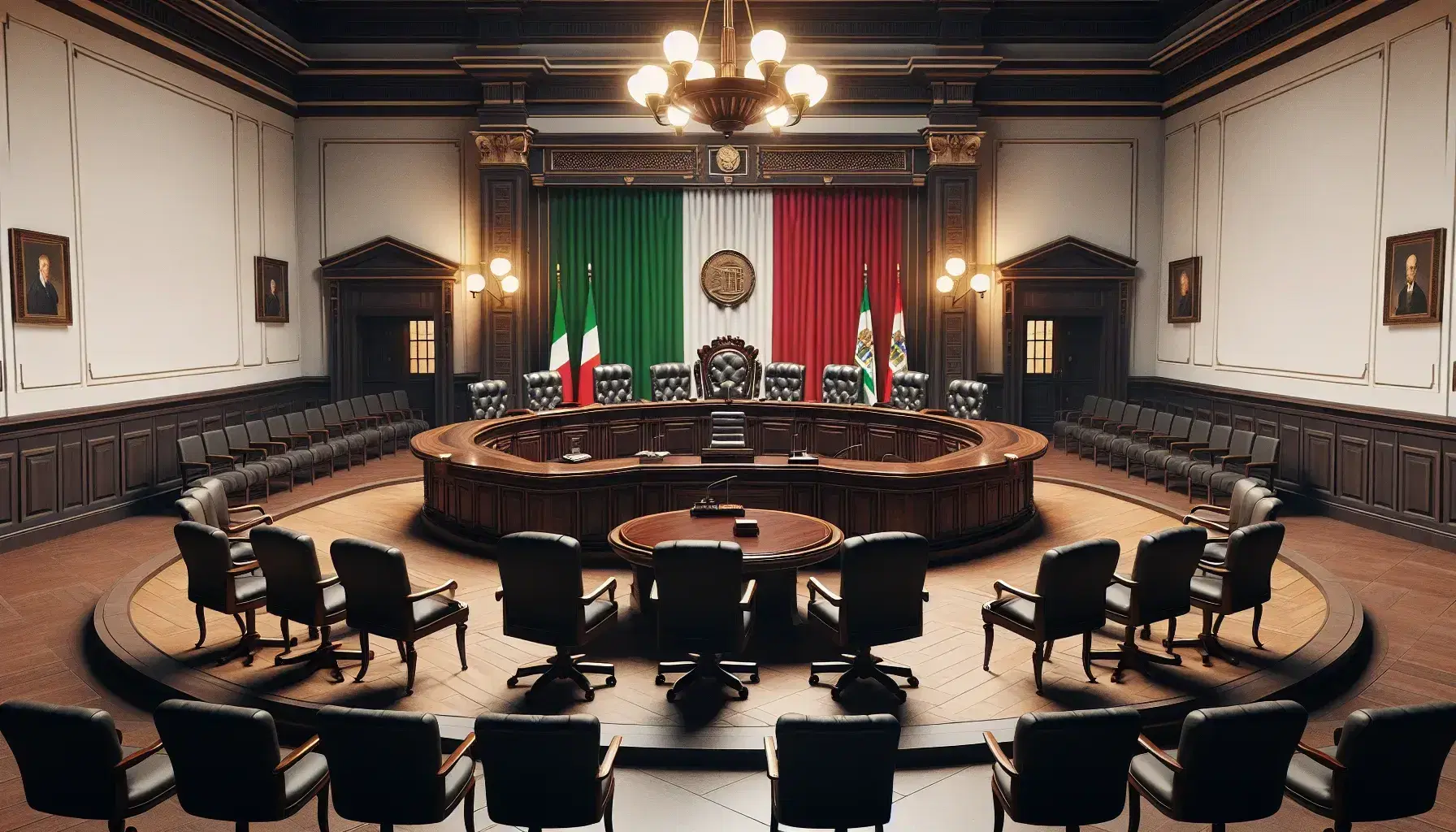 Interno di un'aula giudiziaria con tavolo centrale in legno scuro, banco del giudice rialzato e bandiera italiana, senza persone.