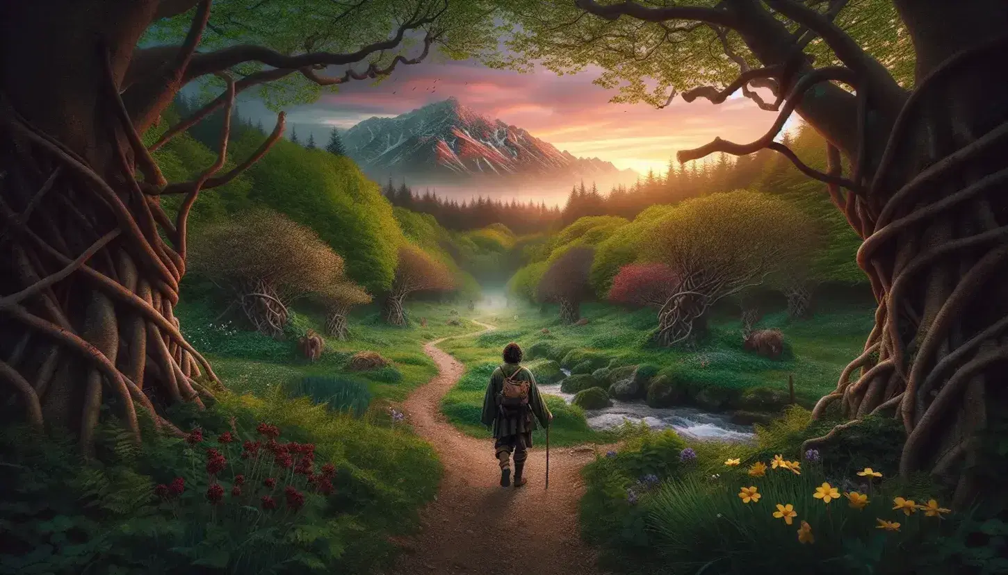 Sentiero naturale al tramonto con alberi verdi e fiori colorati, figura umana in cammino verso montagna tra nuvole, cielo arancione e rosa.