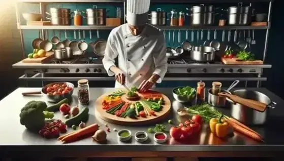 Cocina profesional con chef adornando un plato artístico, rodeado de vegetales coloridos, utensilios de cocina y especias en frascos transparentes.