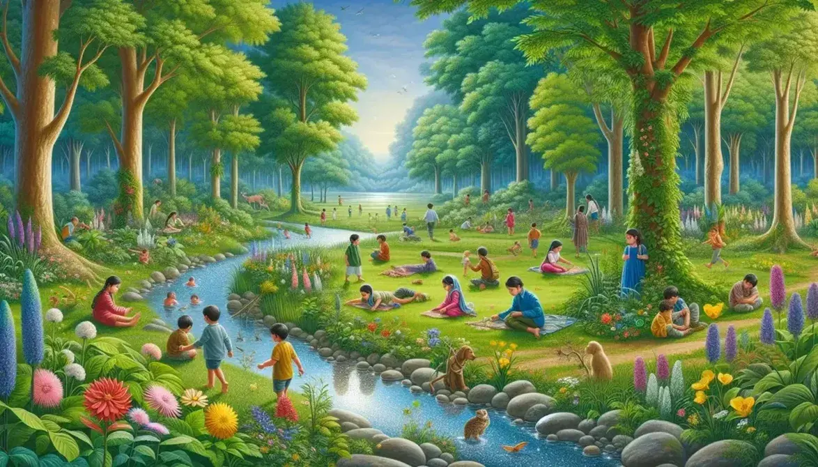 Children of various ages and backgrounds play in a flowery meadow with a stream, surrounded by a lush forest under a blue sky.