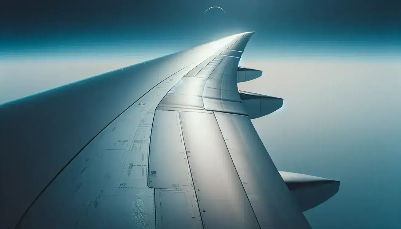 Ala de avión en vuelo con cielo azul despejado de fondo, reflejando la luz del sol y mostrando estelas de condensación.