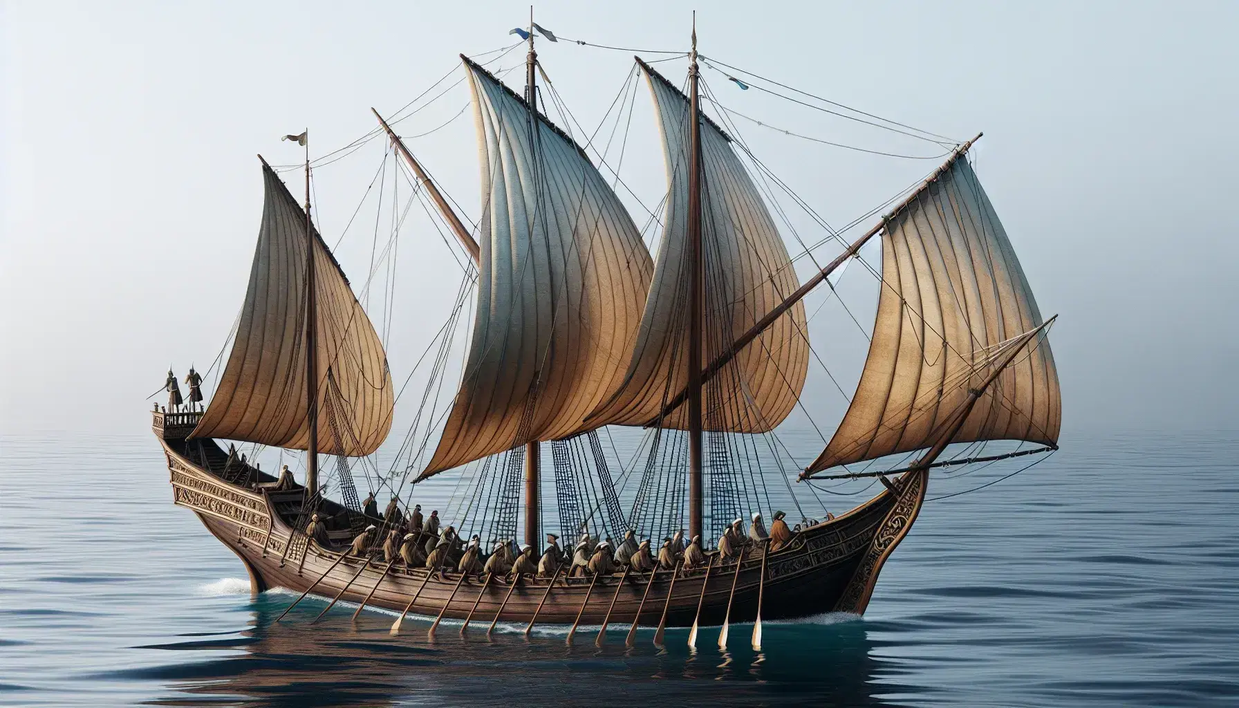 Venetian galley ship with billowing sails and oars at rest on calm blue waters, crew in 13th-century attire engaged in navigation and lookout duties.