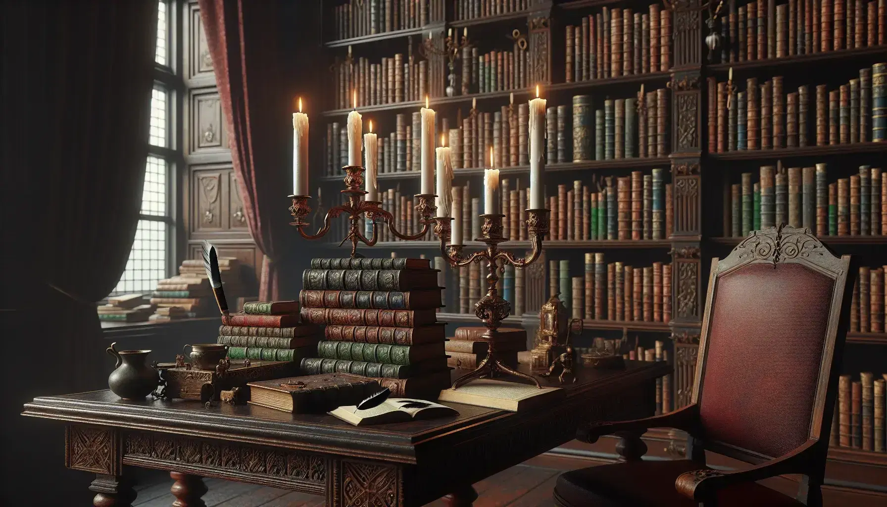Biblioteca antigua con mesa de madera oscura, candelabro de bronce y velas encendidas, silla con cojín rojo, estantería repleta de libros encuadernados en cuero y ventana con cortinas de terciopelo rojo.
