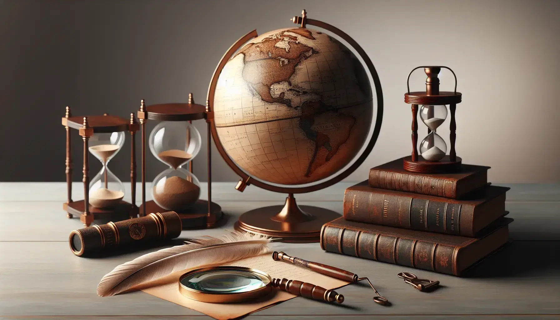 Globo antiguo sepia en escritorio de madera con lupa, reloj de arena y libros de cuero apilados en fondo desenfocado, acompañados de una pluma de ave.