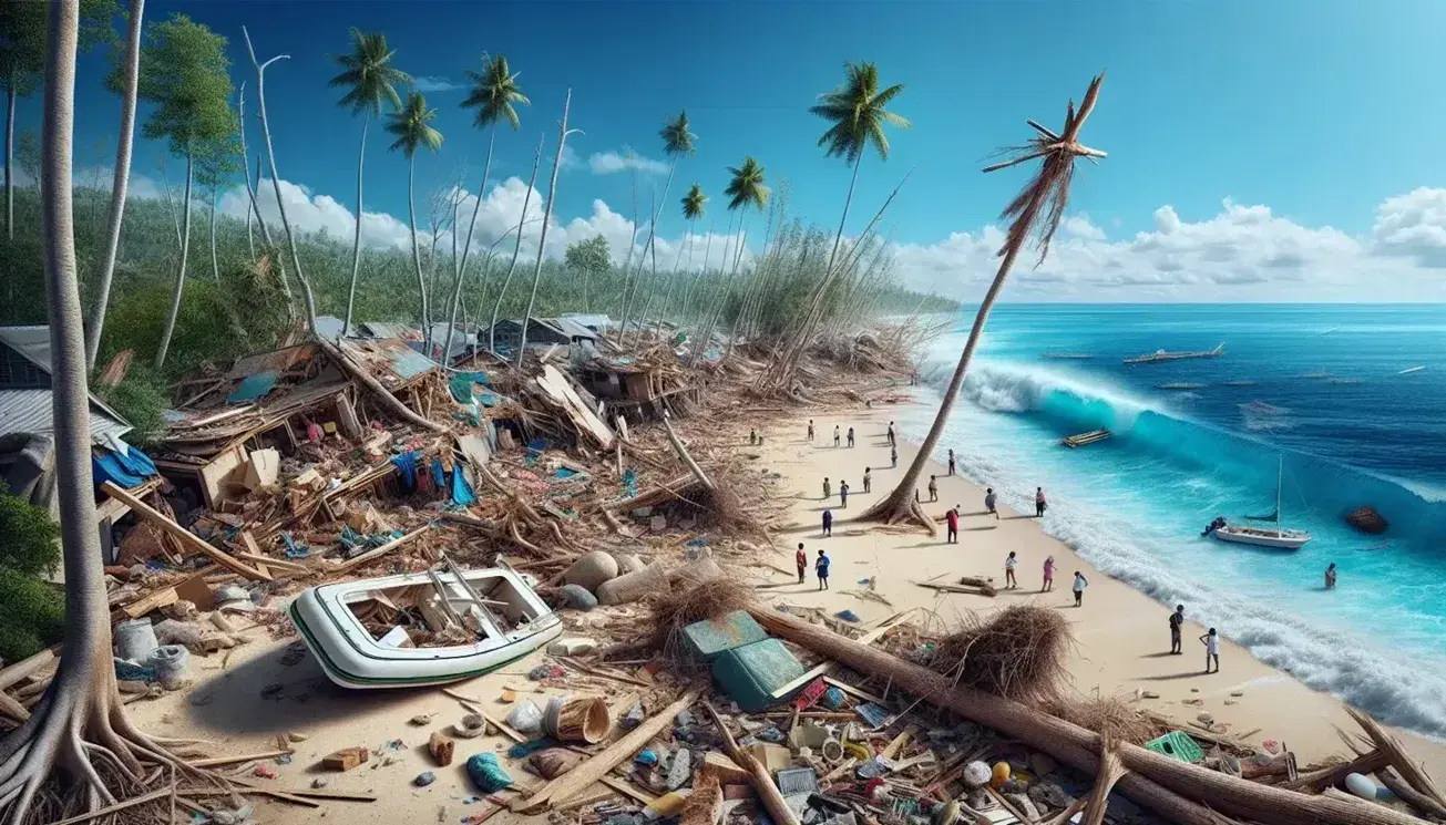 Coast hit by tsunami with debris on the beach, trees uprooted, people cleaning up and damaged boat on the shoreline.