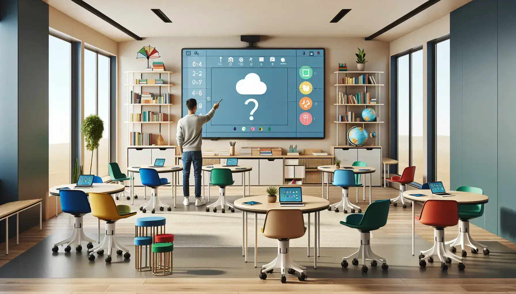 Aula moderna y espaciosa con mesas redondas, sillas ergonómicas de colores, pizarrón interactivo y profesor señalando la pantalla, sin estudiantes.
