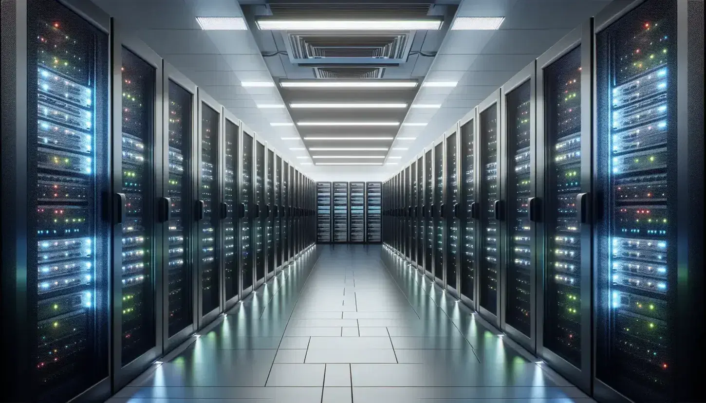 Modern server room with black racks and blue and green LED lights, organized cables, light gray anti-static floor and overhead air ducts.