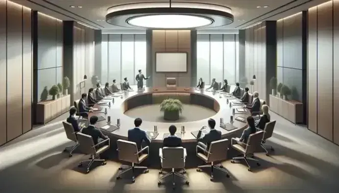 Diverse professionals in a meeting room with a large wooden table, one standing by a whiteboard, in a well-lit space with large windows and a water station.