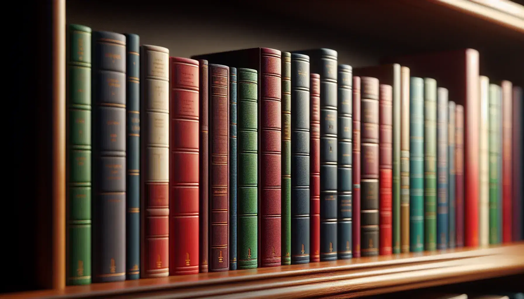 Multicolored hardcover books on a polished oak shelf, with worn covers and varied page hues, reflecting a well-used and scholarly vibe.