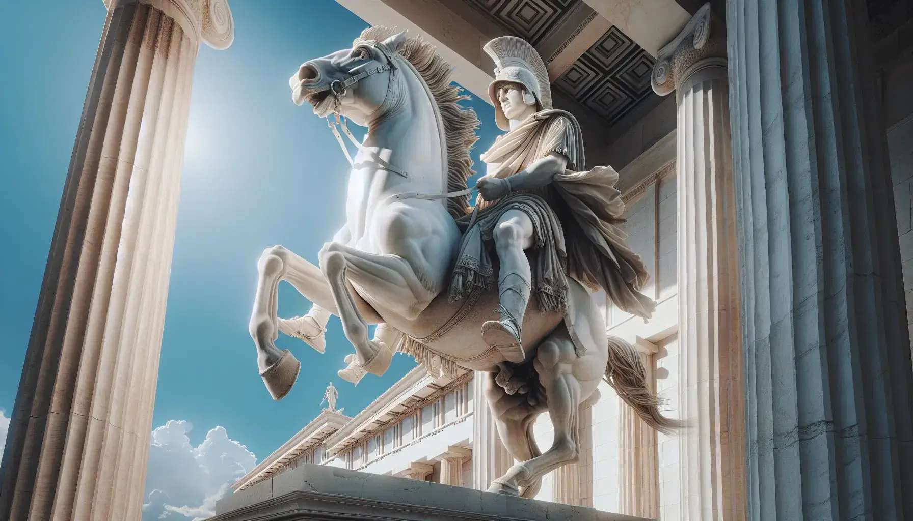 Statua in marmo bianco di generale storico a cavallo con elmo corinzio e mantello al vento, su sfondo di edificio neoclassico e cielo azzurro.