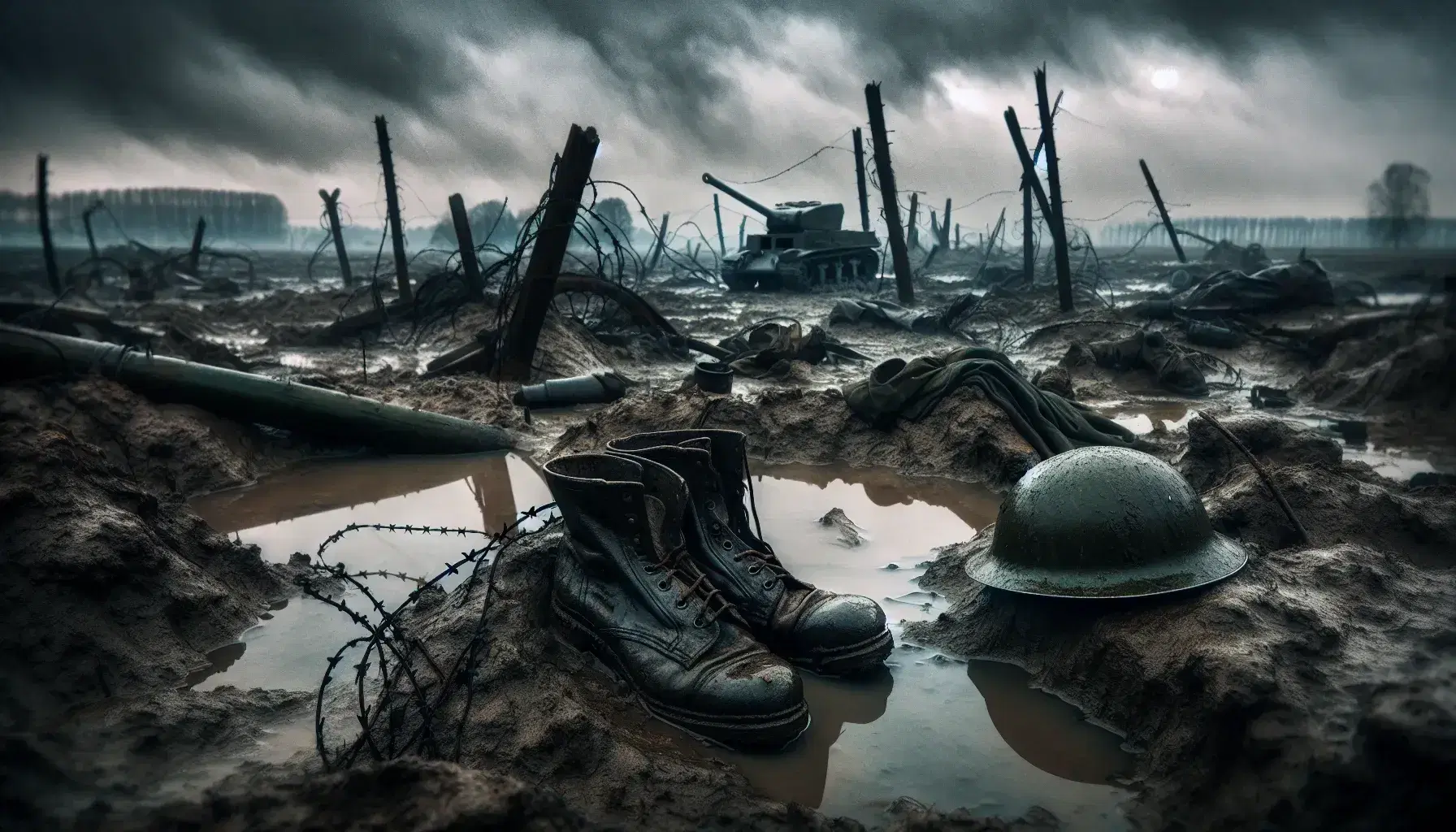 Campo di battaglia della Prima Guerra Mondiale con filo spinato, elmetto militare, stivali, cannone di carro armato inattivo, albero spoglio e corvo su sfondo di rovine.