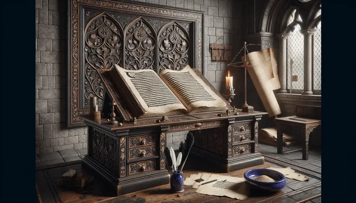 Studio medievale con scrivania in legno intarsiato, libro antico aperto, calamaio blu, penna d'oca e candelabro in bronzo.