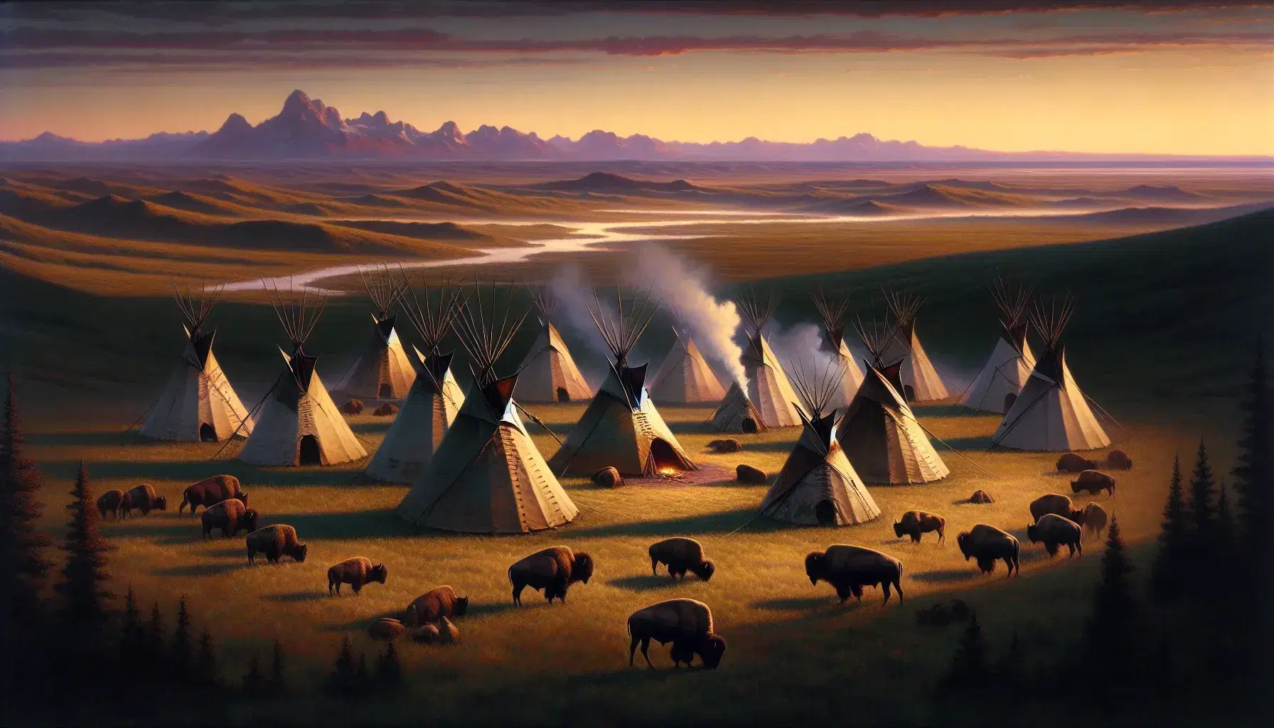 Sunset landscape with Native American teepee in the foreground, grazing bison and distant mountains under a hazy sky.