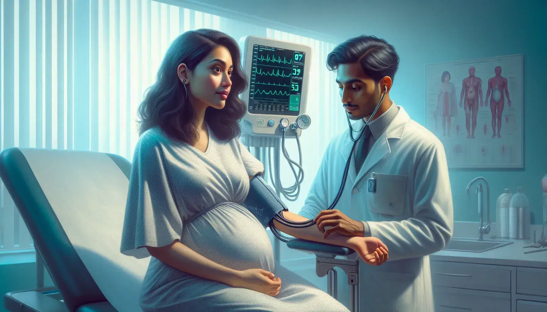Mujer embarazada hispana recibiendo chequeo de presión arterial por profesional de la salud del sur de Asia en consulta prenatal, ambiente sereno con monitor de signos vitales al fondo.