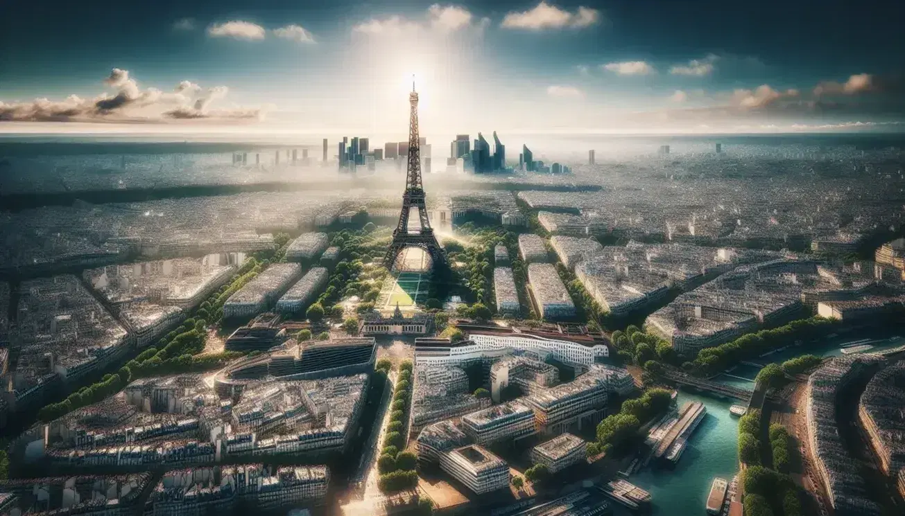 Vista aerea di Parigi con la Torre Eiffel al centro, circondata da edifici e attraversata dal fiume Senna in una giornata limpida.