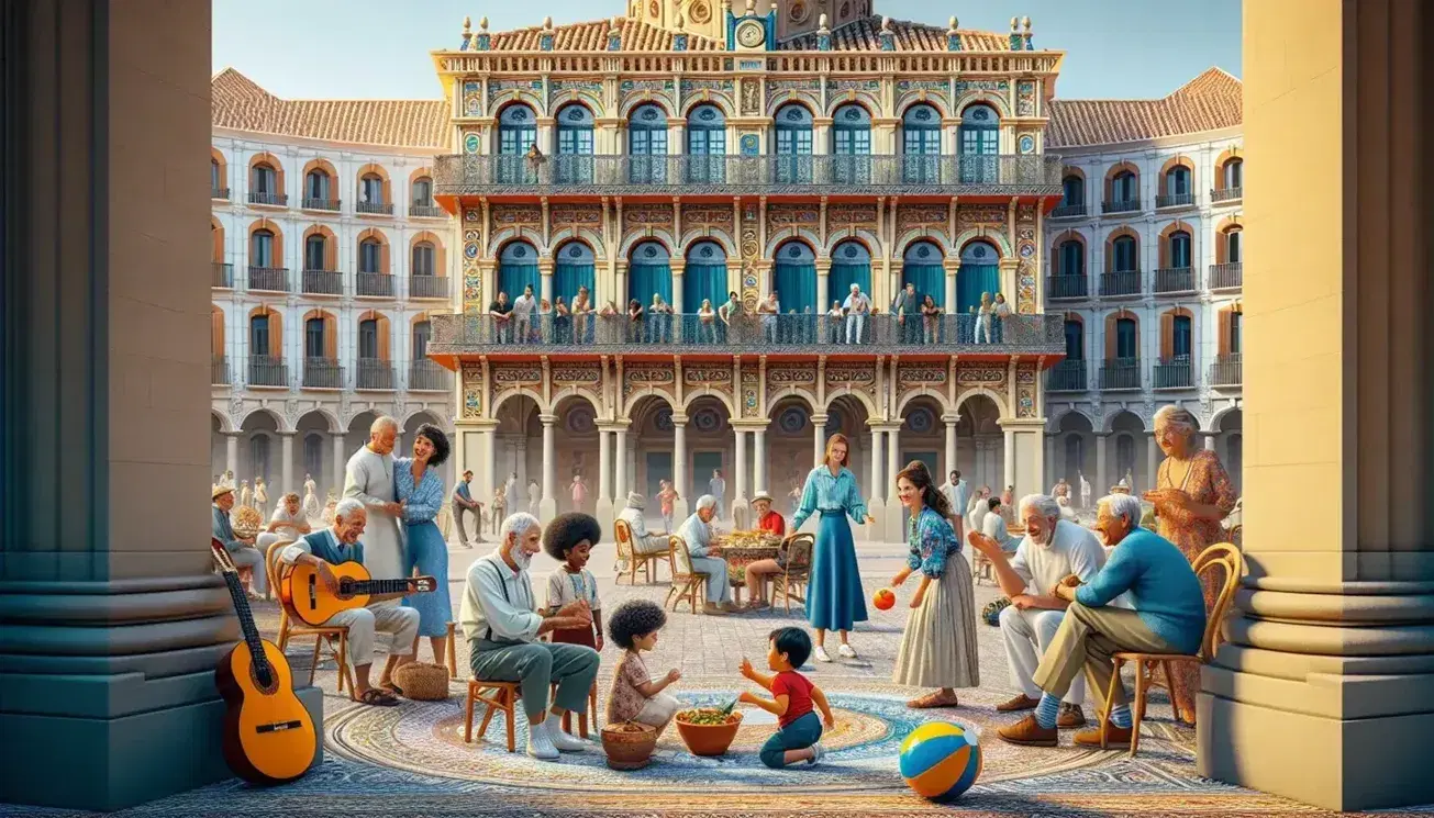 Multicultural gathering in a Spanish square with diverse individuals engaging in conversation, music, and food sharing under a clear blue sky.
