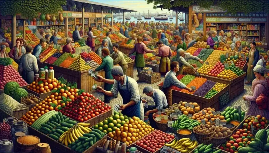 Vibrant open-air market with colorful fruit and vegetable stalls, vendors in aprons, customers exchanging money, and a sunny backdrop.