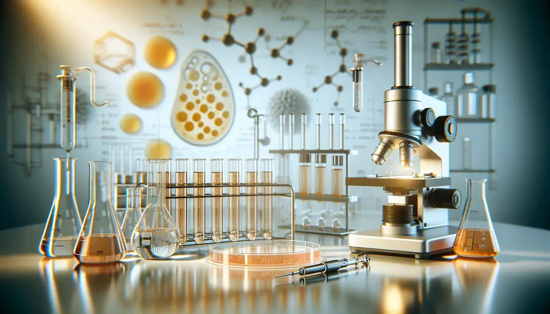 Biochemistry laboratory with microscope, test tubes with lipid solutions, agar plate and pipette, in a sterile illuminated environment.