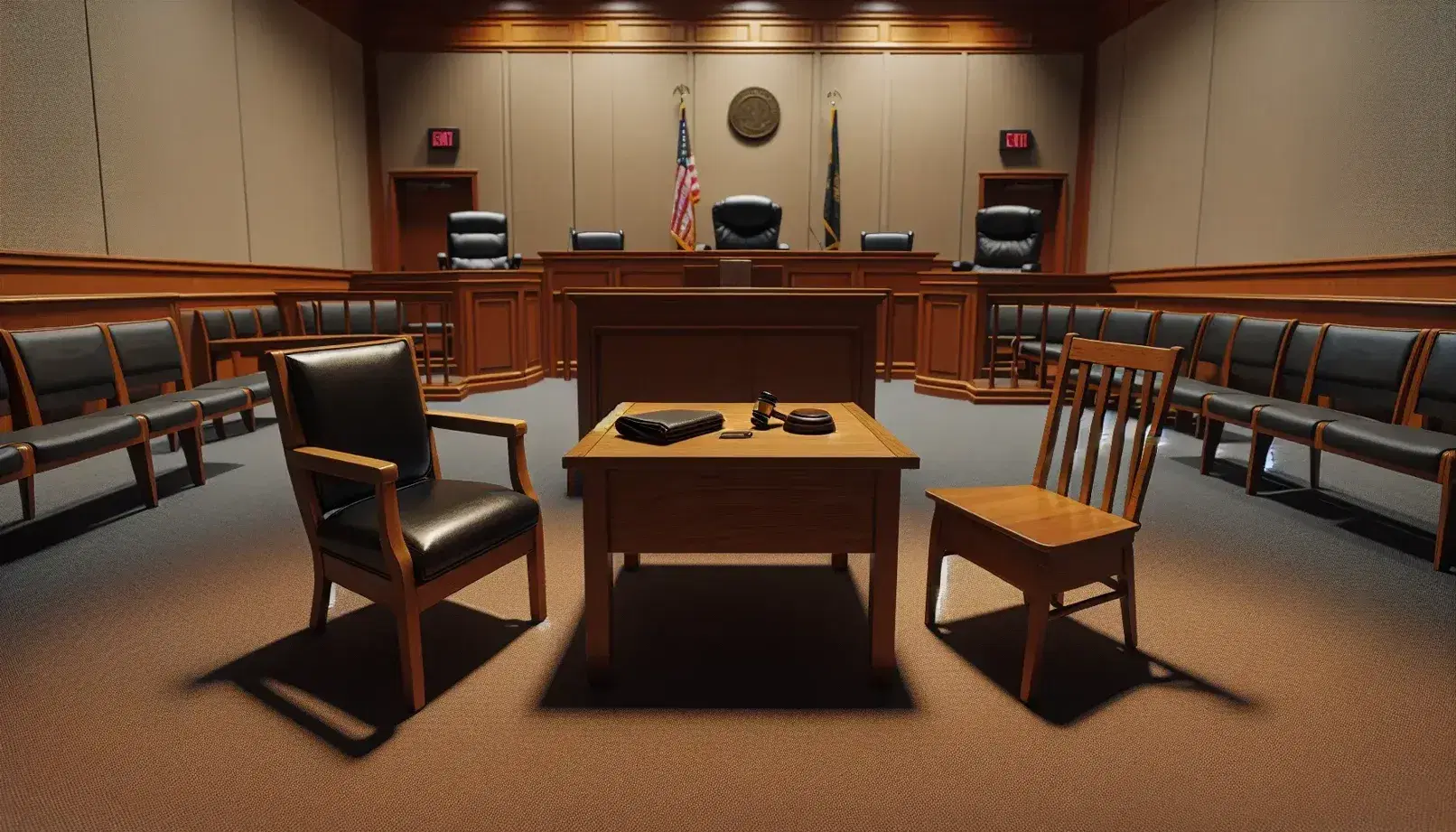 Juvenile courtroom with wooden judge's desk, black leather chair, table with chairs and public gallery on blue carpet.