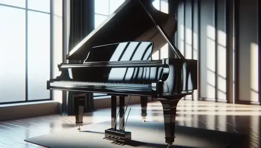 Pianoforte a coda nero lucido al centro di una stanza illuminata da luce naturale con tasti bianchi e neri in evidenza.