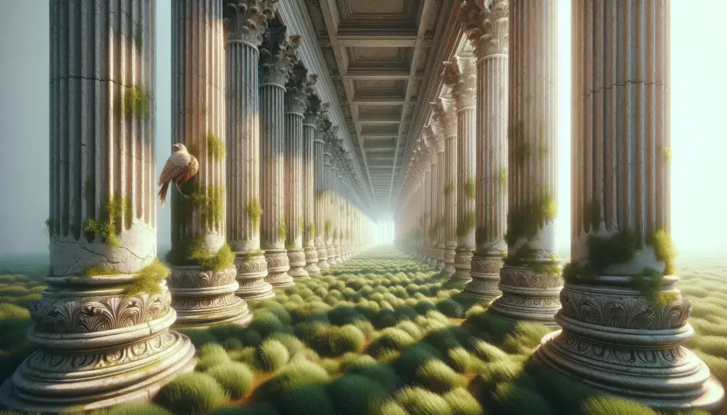 Colonne romane antiche con capitelli corinzi e foglie di acanto scolpite, erba verde e uccello su capitello sotto cielo azzurro.
