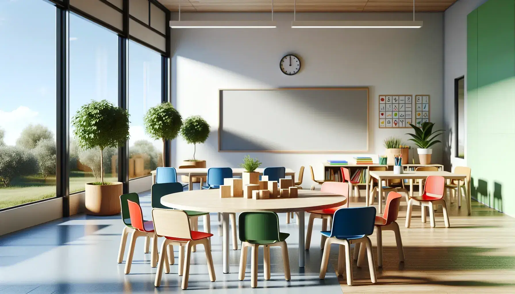 Aula escolar moderna y luminosa con mesa redonda de madera y sillas ergonómicas de colores, bloques de construcción y pizarra blanca, ventana con vista al exterior.