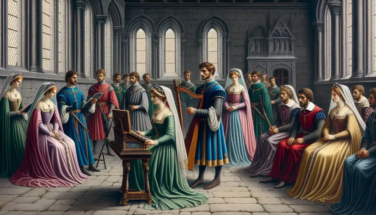 Scena medievale in corte feudale con nobili in tuniche colorate, dame in abiti pastello, suonatore di lira e tapezzerie sullo sfondo.