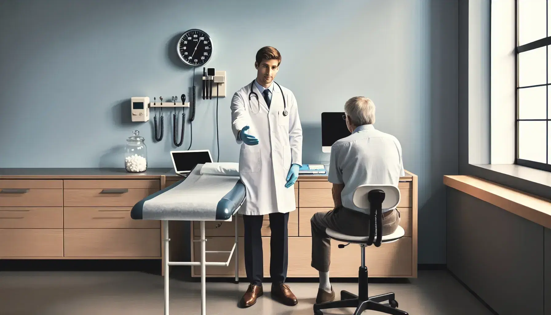 Doctor en consulta médica extendiendo la mano hacia paciente sentado, con mesa de examen, escritorio y sfigmomanómetro en la pared.
