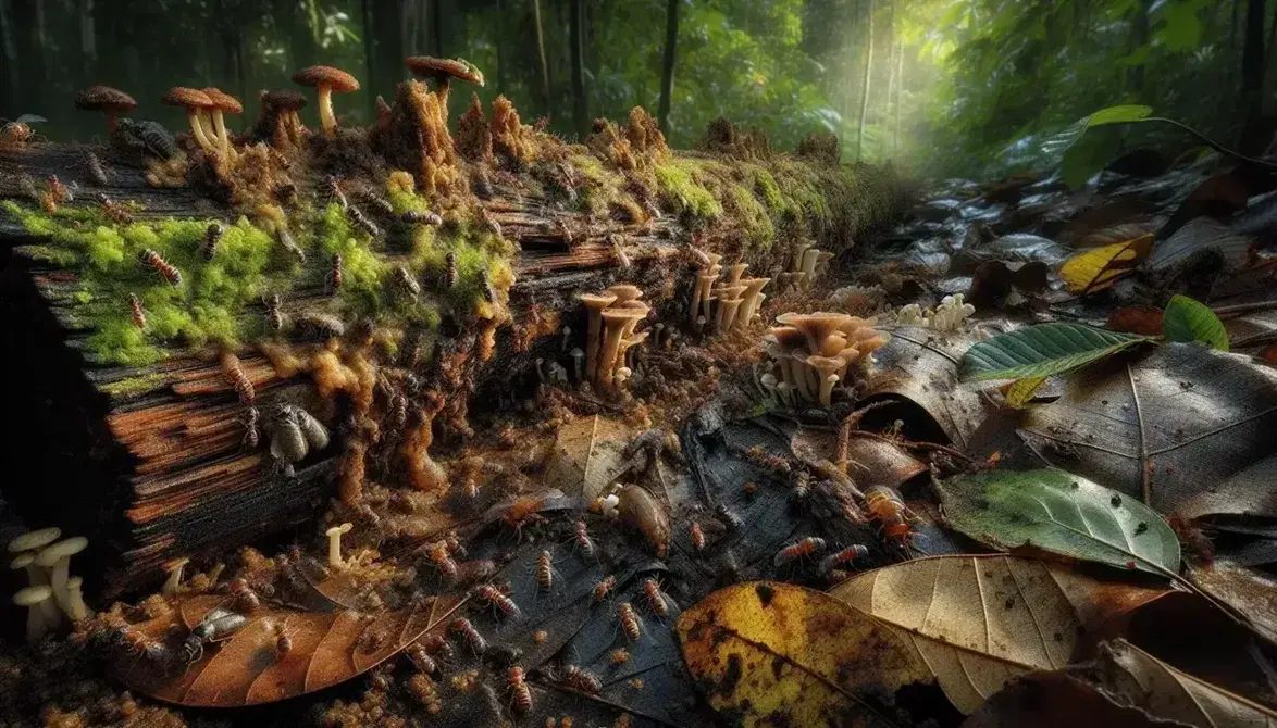 Decomposing log with green moss, surrounded by mushrooms, beetles, and ants on a forest floor with fallen leaves and rich soil.
