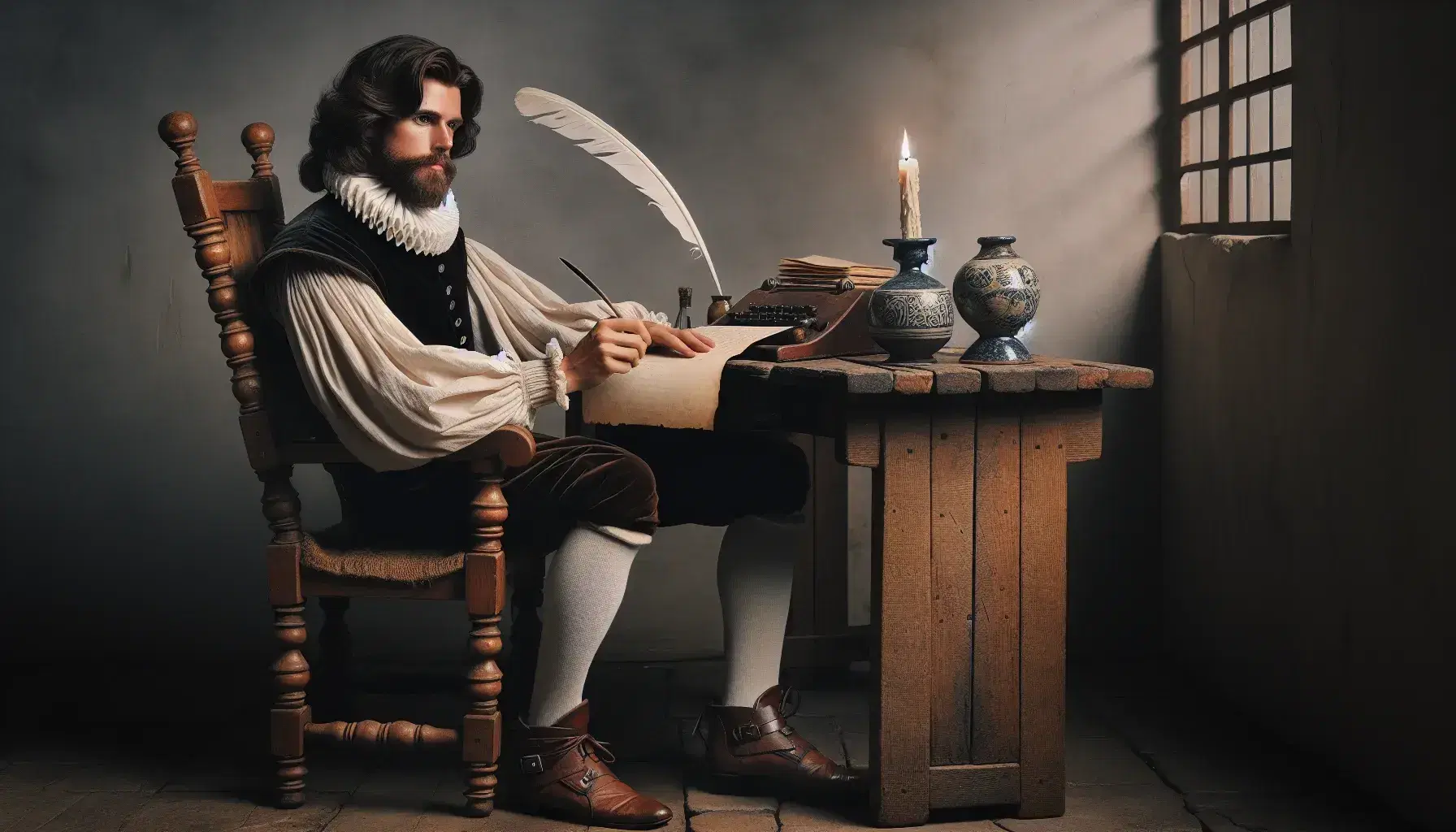 Escena del siglo XVII con hombre al estilo de Miguel de Cervantes escribiendo a la luz de una vela, rodeado de elementos de época como tintero, pluma y libro antiguo.