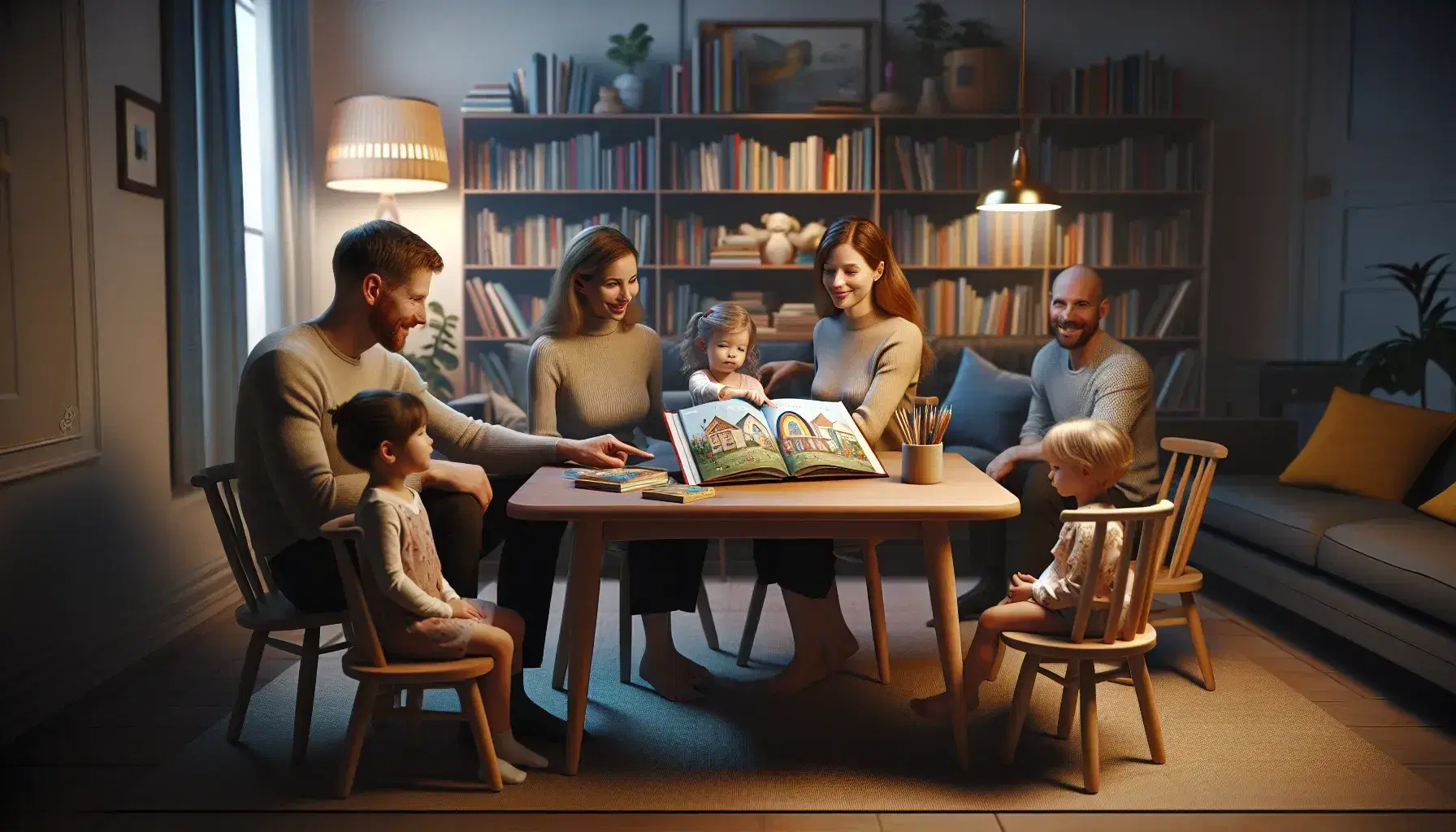 Familia compartiendo un momento de lectura en casa, con un libro ilustrado, lápices de colores y un cuaderno sobre una mesa de madera, junto a una estantería llena de libros.