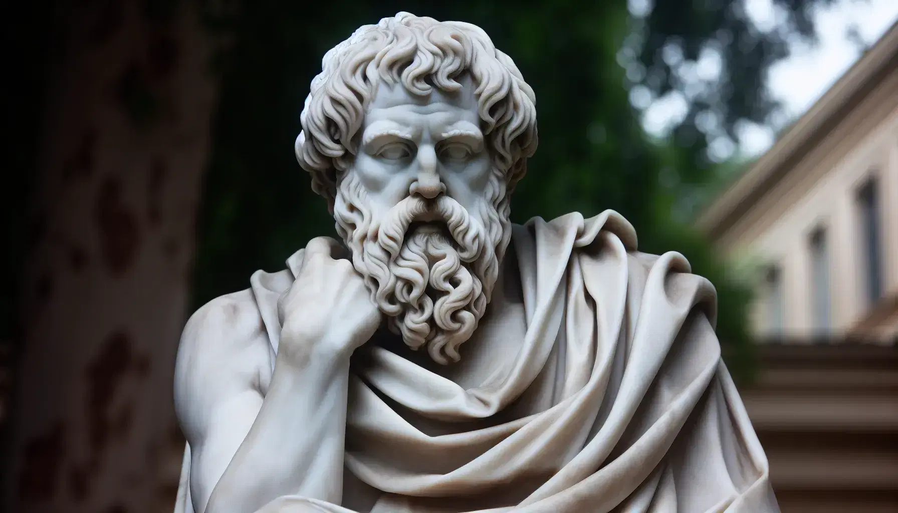 Statua in marmo bianco di Socrate pensieroso con barba folta e mantello drappeggiato, su piedistallo grigio in ambiente esterno sfocato.