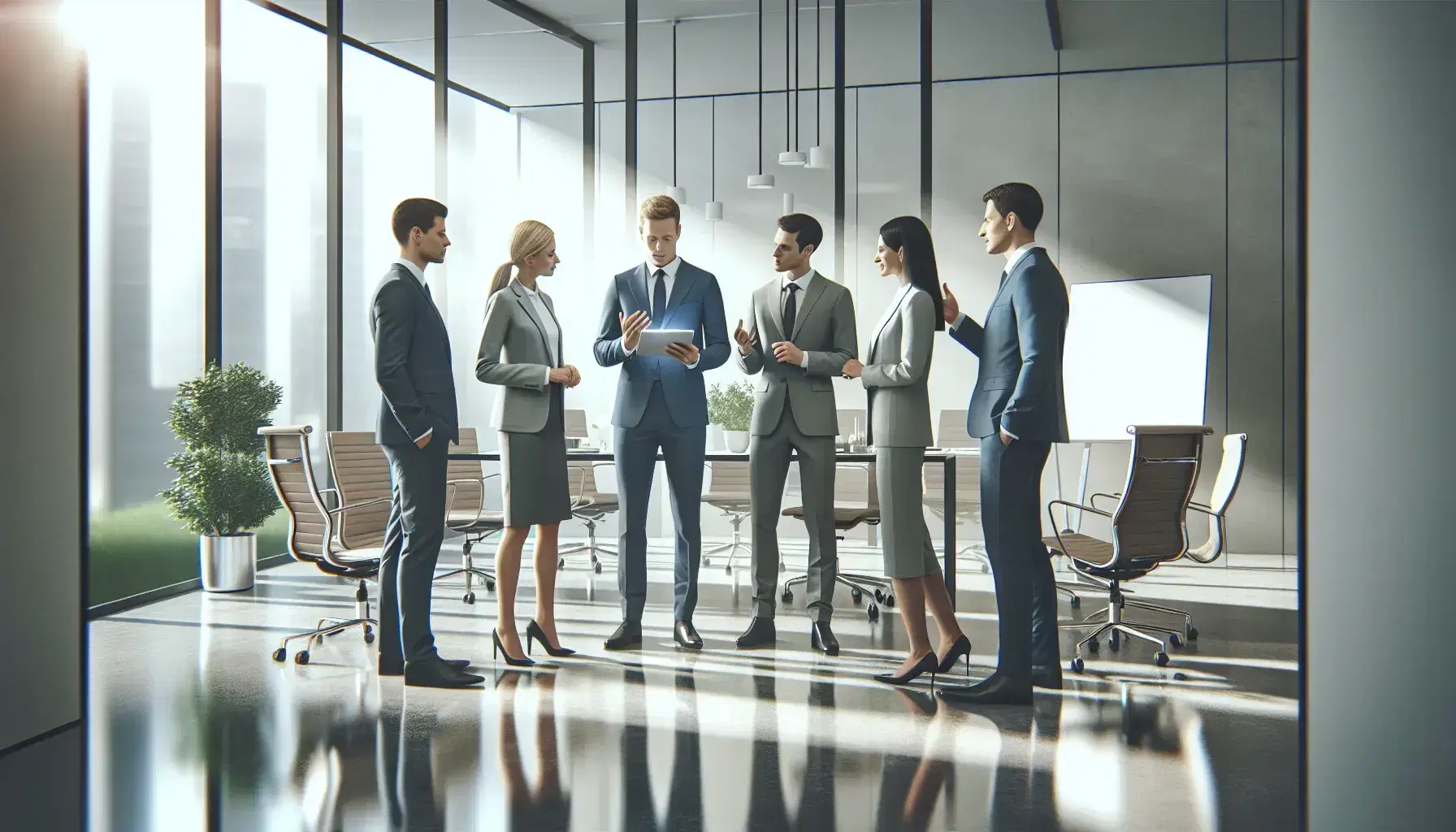 Grupo de cinco profesionales colaborando en una oficina moderna con luz natural, uno sosteniendo una tableta digital y mobiliario de oficina contemporáneo alrededor.