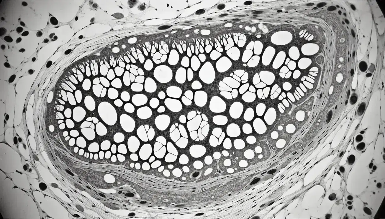 Sezione di tessuto connettivo al microscopio elettronico con rete di fibre di collagene ed elastina e cellule fibroblaste.