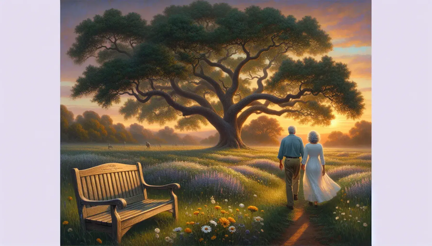 Serene sunset scene with an aged wooden bench overlooking a meadow of wildflowers, a mature couple walking hand-in-hand, and a solitary oak tree.