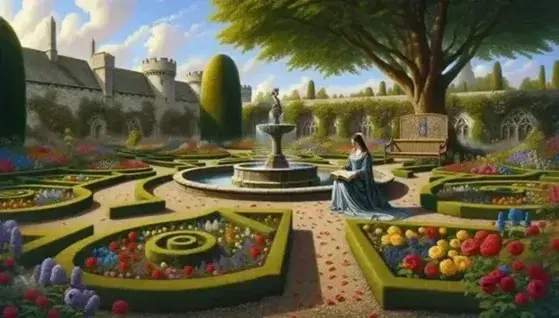 Giardino medievale fiorito con fontana centrale, statue di leone, lettrice in abito blu e menestrello con liuto, sotto cielo azzurro.