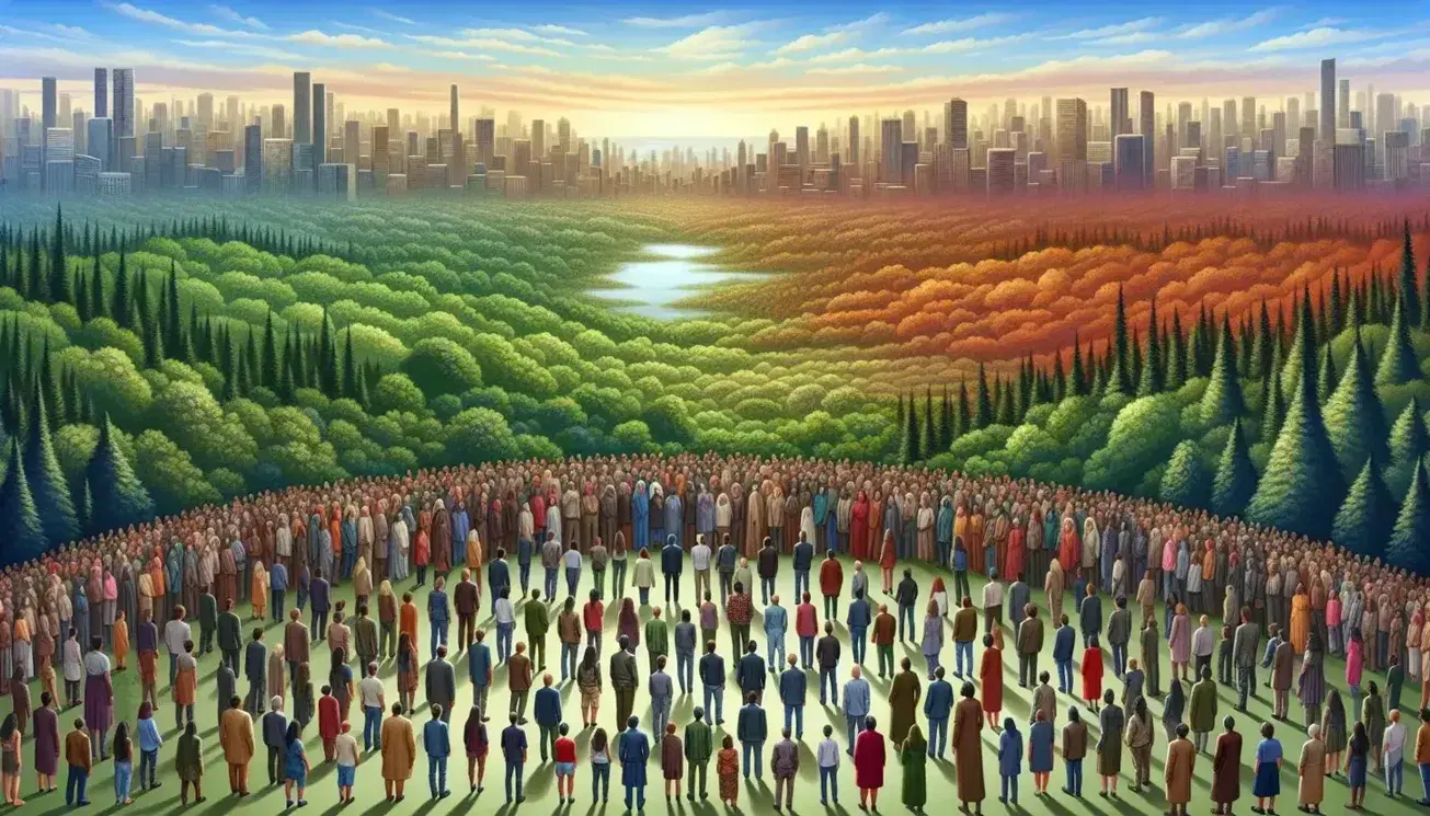 Diverse group of people of varying ages and ethnicities standing in unity in a semi-circle, with a cityscape and forest backdrop under a gradient sky.