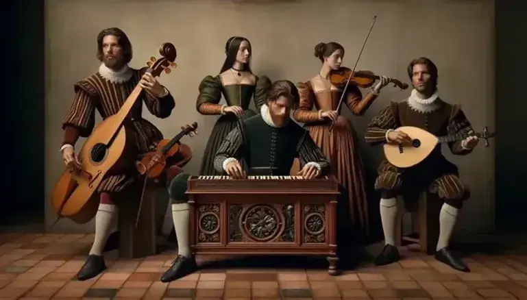 Grupo de cinco músicos en atuendos renacentistas tocando instrumentos de época, con un clavicordio, viola da gamba, flauta transversal, laúd y tambor, ante un fondo de pared de piedra y suelo de terracota.