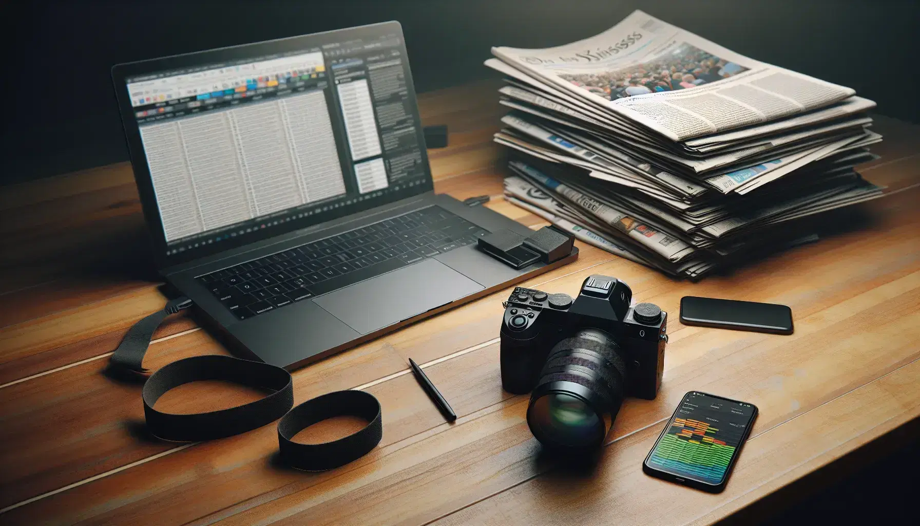 Escritorio desordenado de periodista con cámara profesional, periódicos apilados, grabadora digital, laptop con editor de texto y smartphone con gráficos.