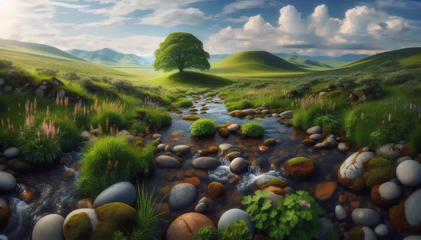 Paisaje natural con arroyo serpenteante, vegetación frondosa, colina con árbol solitario y montañas al fondo bajo cielo azul con nubes.