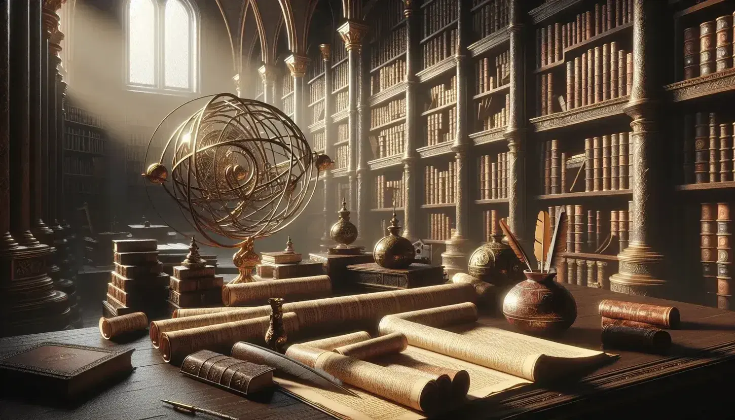 Biblioteca antica con scrivania in legno, pergamene, calamaio e penna, scaffali di libri rilegati, sfera armillare e globo terrestre.