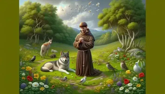 San Francesco d'Assisi in preghiera su un prato fiorito con lupo e uccelli, sotto un cielo azzurro, con colline e chiesetta umbra sullo sfondo.