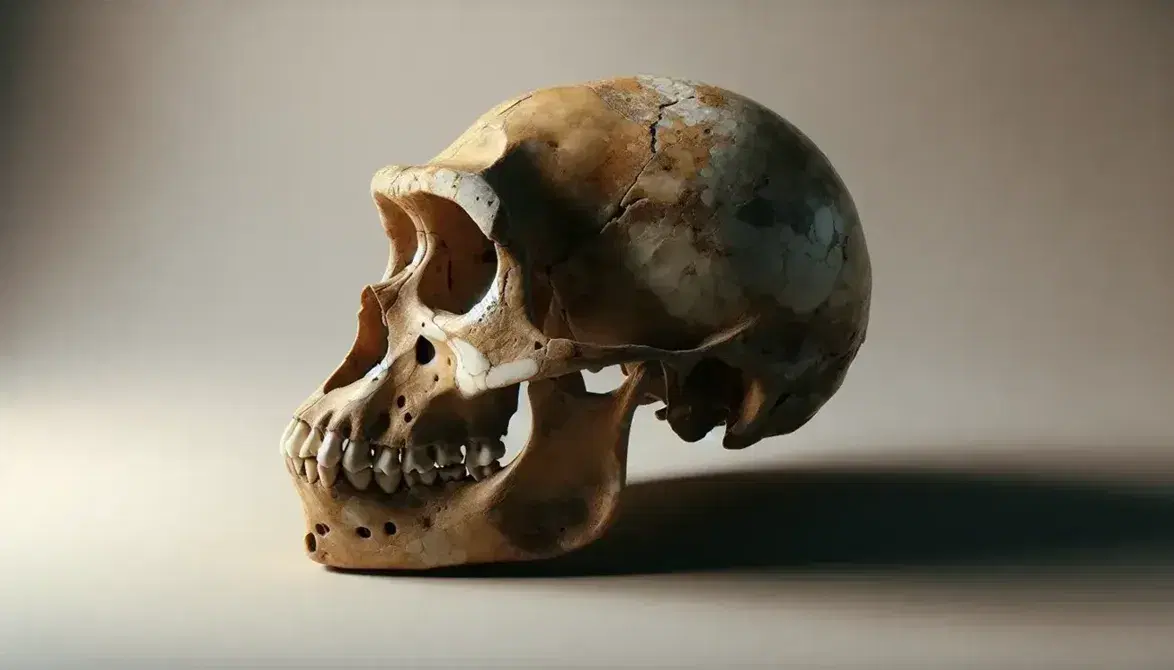 Partial reconstruction of the skull of Homo habilis with evident superciliary arches, less protruding face and smaller teeth on a neutral background.